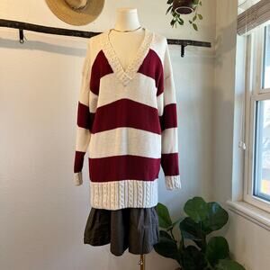 Vintage Red Wide Striped Oversized Long Cable Knit V Neck Sweater Size Medium